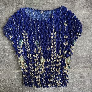 Women's Vintage 90s Y2K FC Blue White Floral Popcorn Crinkle Bubble T Shirt Sz M